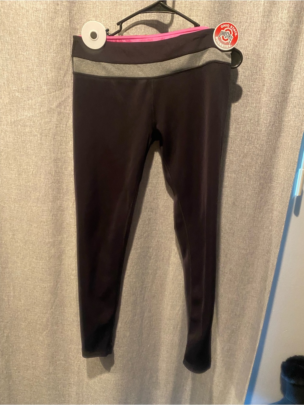 Velocity Black Leggings with Pink Waistband and Gray Accent